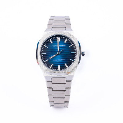 Aurochron Men's Classic Watch – Blue Textured Dial – Silver Stainless Steel Bracelet – Water Resistant Quartz