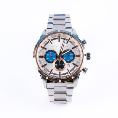 Aurochron Men's Chronograph Watch – Silver Dial with Blue Sub-Dials – Rose Gold Bezel – Stainless Steel Strap – Date Display Share